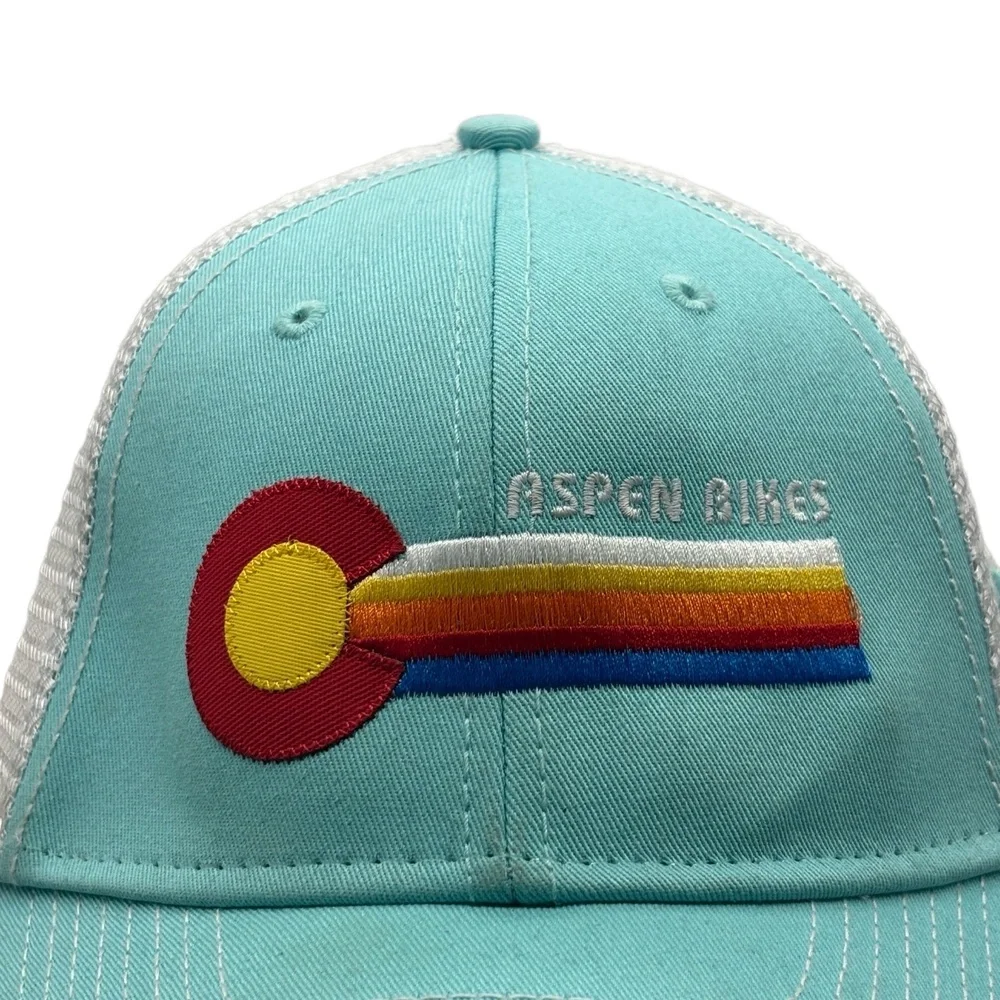 Aspen Bikes Trucker Hat Turquoise White Mesh Snapback Colorado Flag Logo Ouray